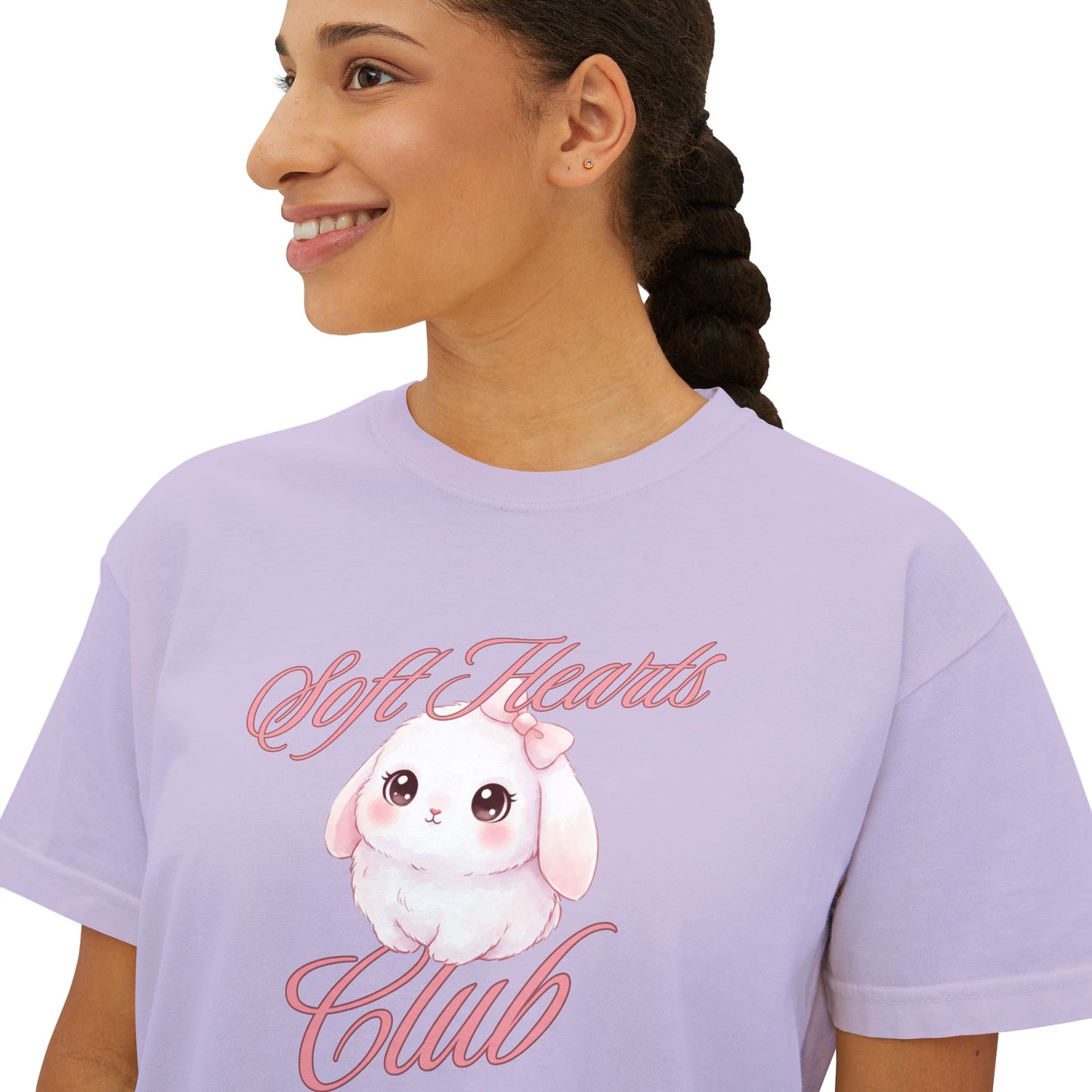 Soft Hearts Club Women's Boxy Tee — Cute Pastel Bunny Graphic