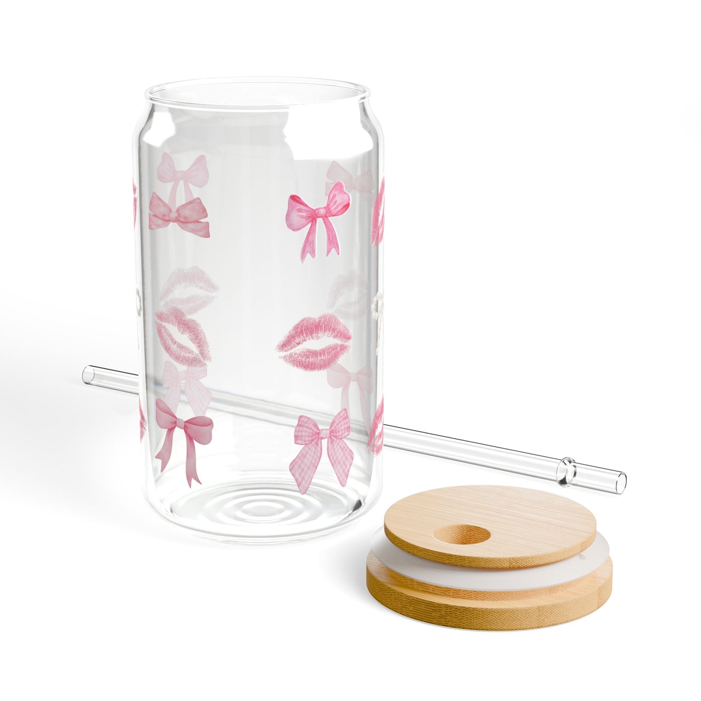 16oz Glass Sipper with Pink Bows & Kiss Prints — Cute Reusable Drink Tumbler