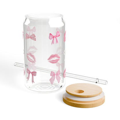 16oz Glass Sipper with Pink Bows & Kiss Prints — Cute Reusable Drink Tumbler