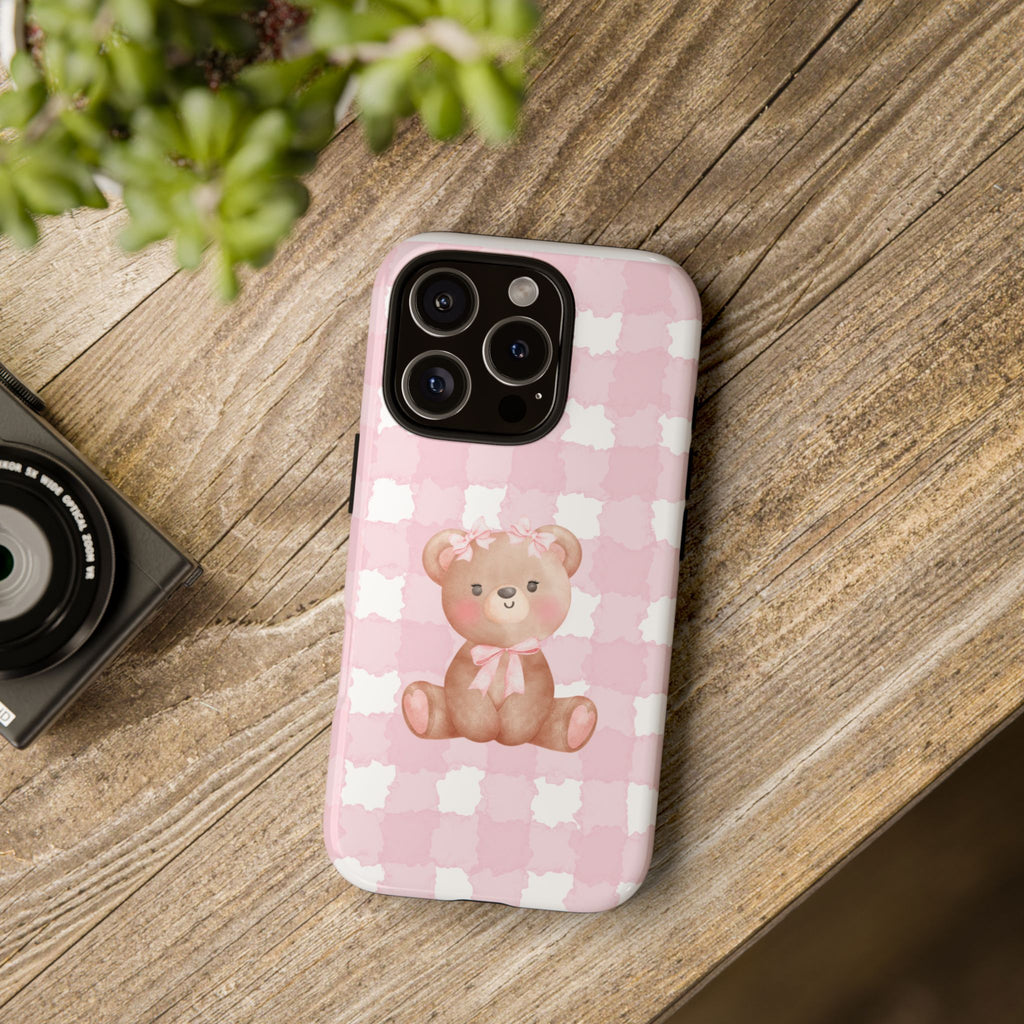Pink Plaid Teddy Phone Case — Cute Bear iPhone Protective Cover