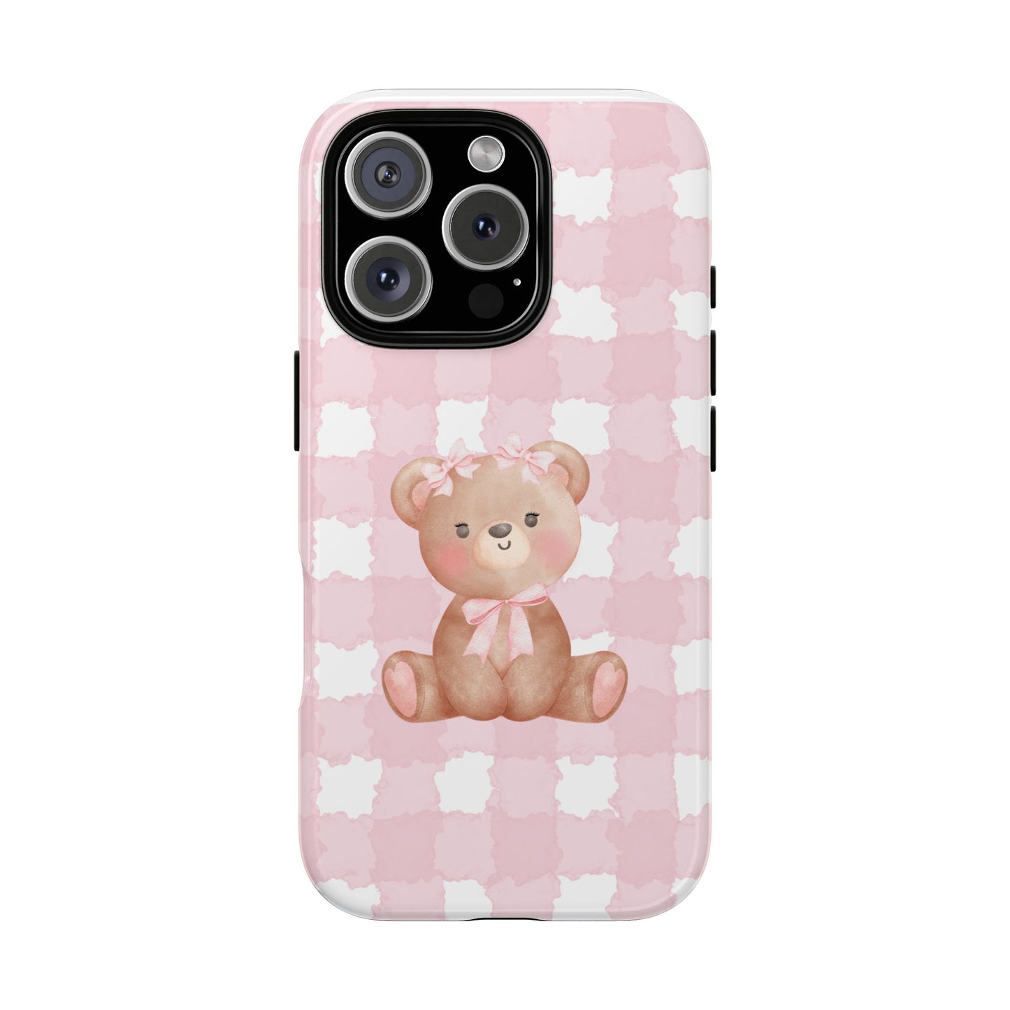 Pink Plaid Teddy Phone Case — Cute Bear iPhone Protective Cover