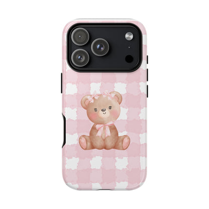 Pink Plaid Teddy Phone Case — Cute Bear iPhone Protective Cover