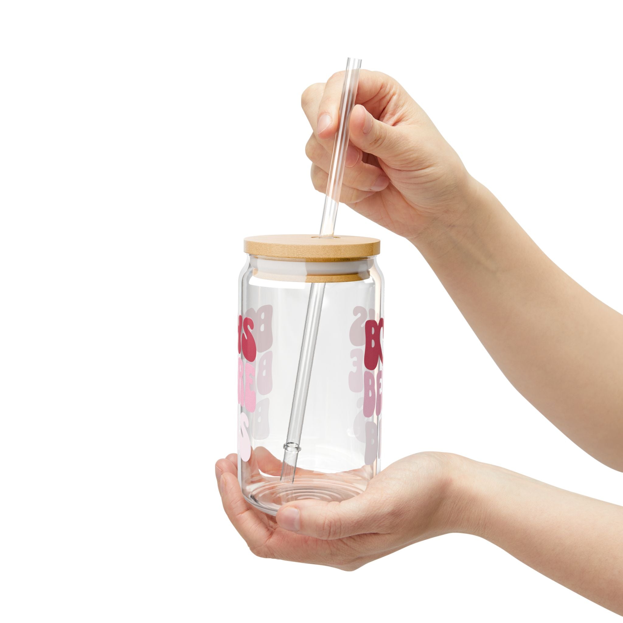 16oz Glass Sipper — "Bows Before Bros" Pink Bamboo Lid Straw Tumbler