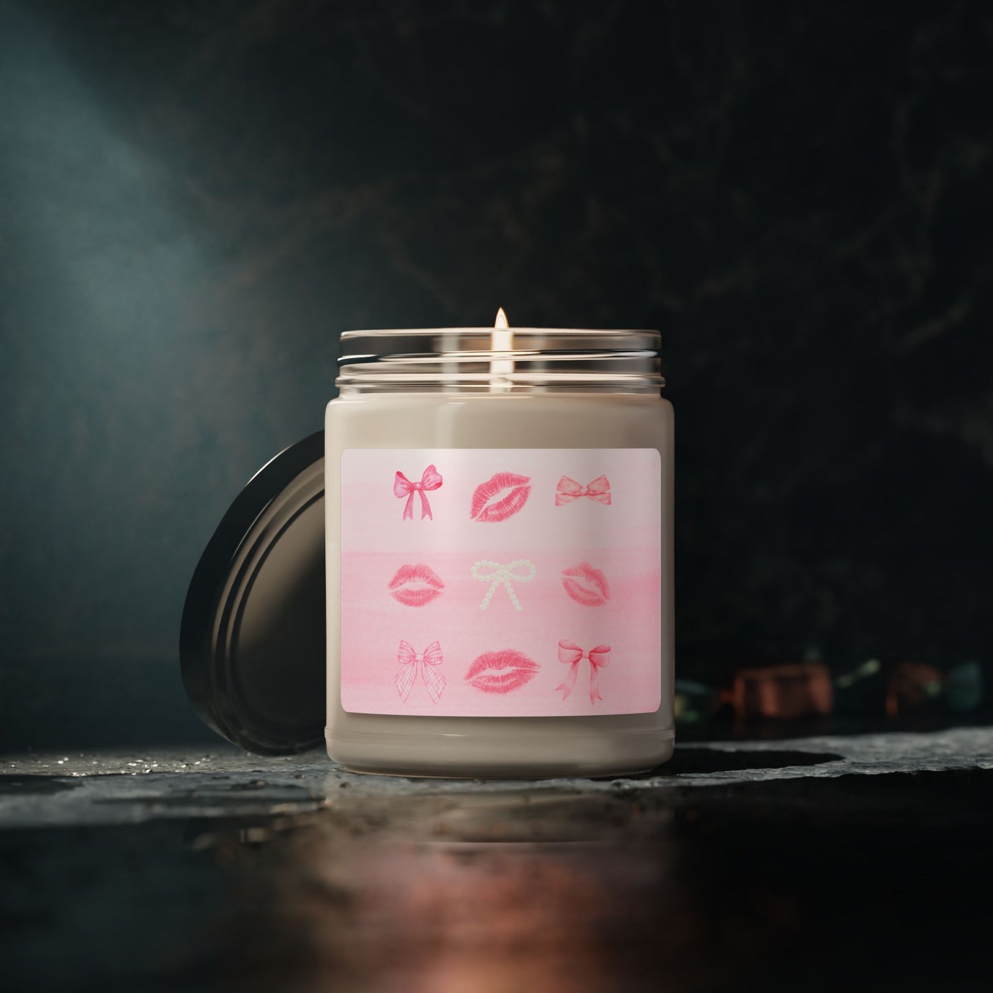 Valentine Kiss Soy Candle — 9oz Scented Jar with Pink Lip & Bow Design