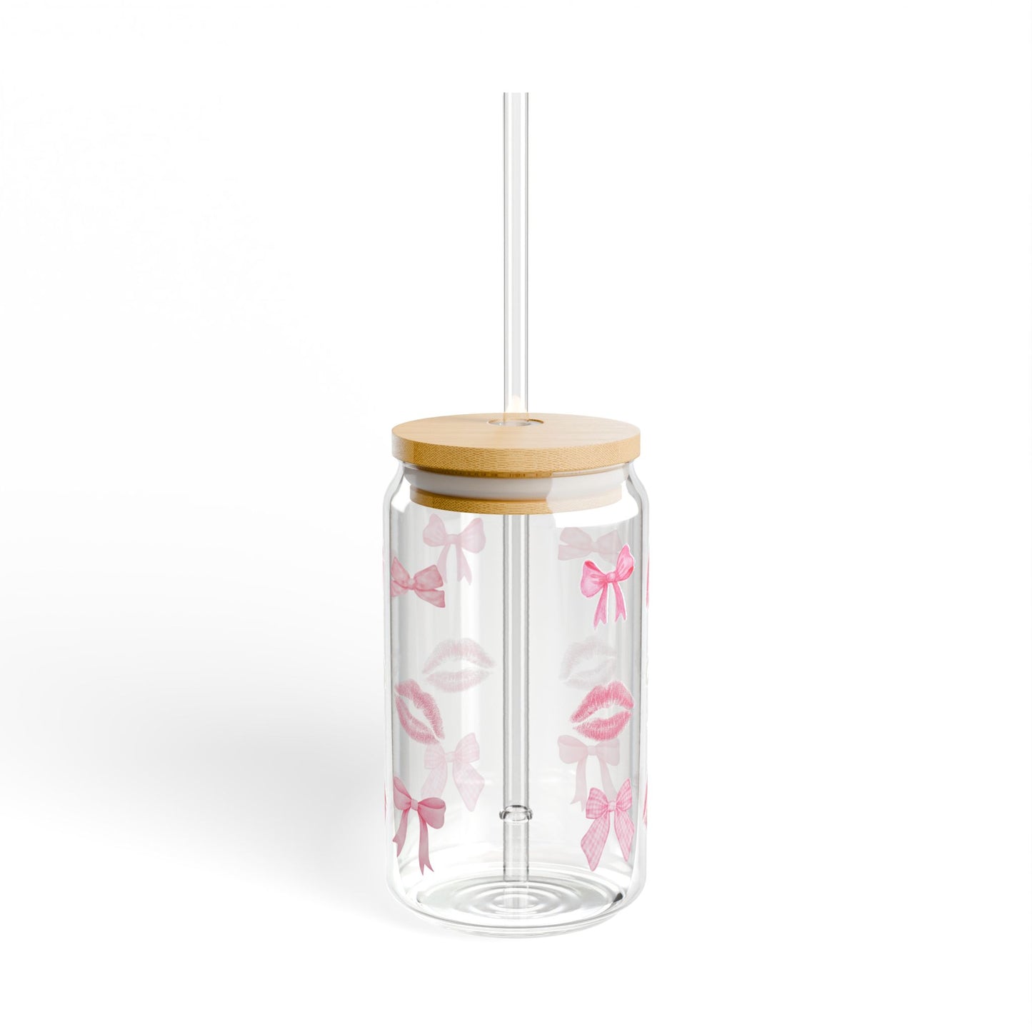 16oz Glass Sipper with Pink Bows & Kiss Prints — Cute Reusable Drink Tumbler