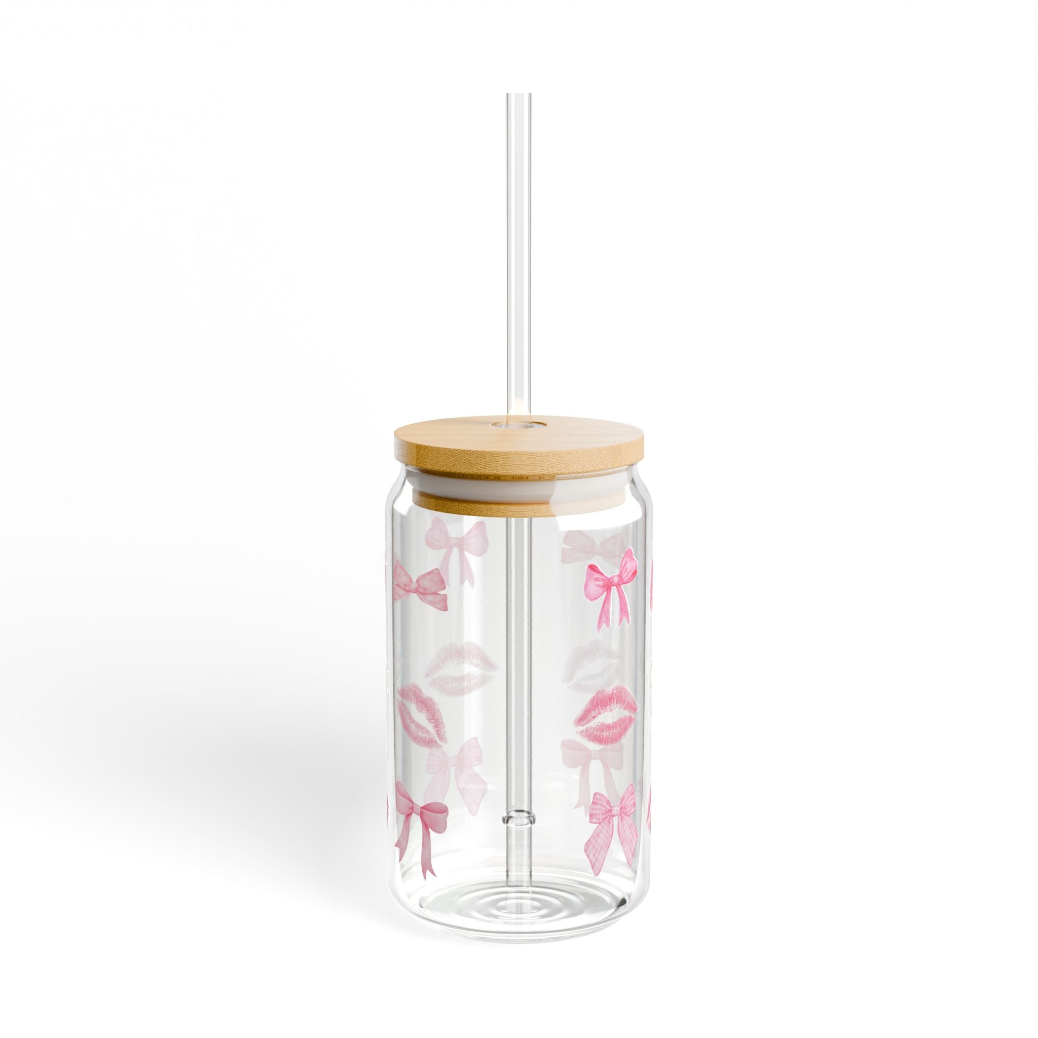 16oz Glass Sipper with Pink Bows & Kiss Prints — Cute Reusable Drink Tumbler