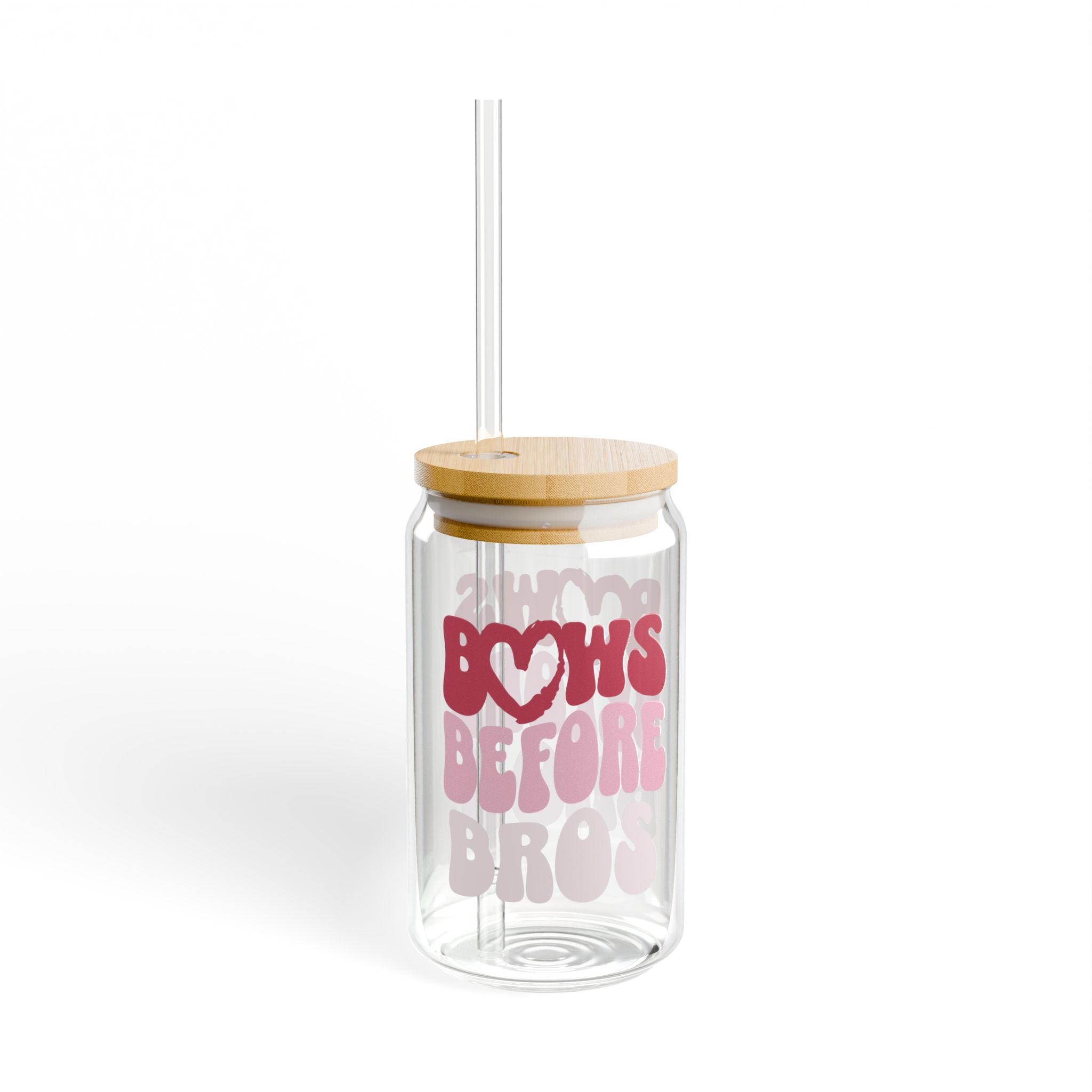 16oz Glass Sipper — "Bows Before Bros" Pink Bamboo Lid Straw Tumbler