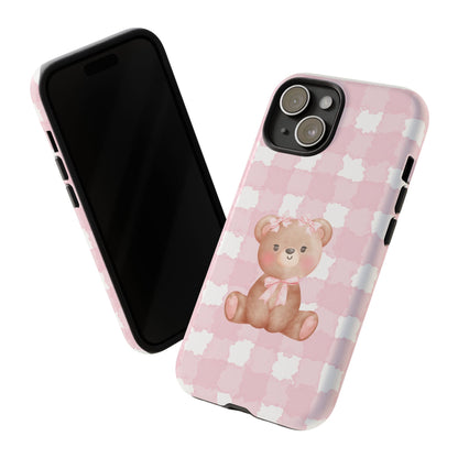 Pink Plaid Teddy Phone Case — Cute Bear iPhone Protective Cover