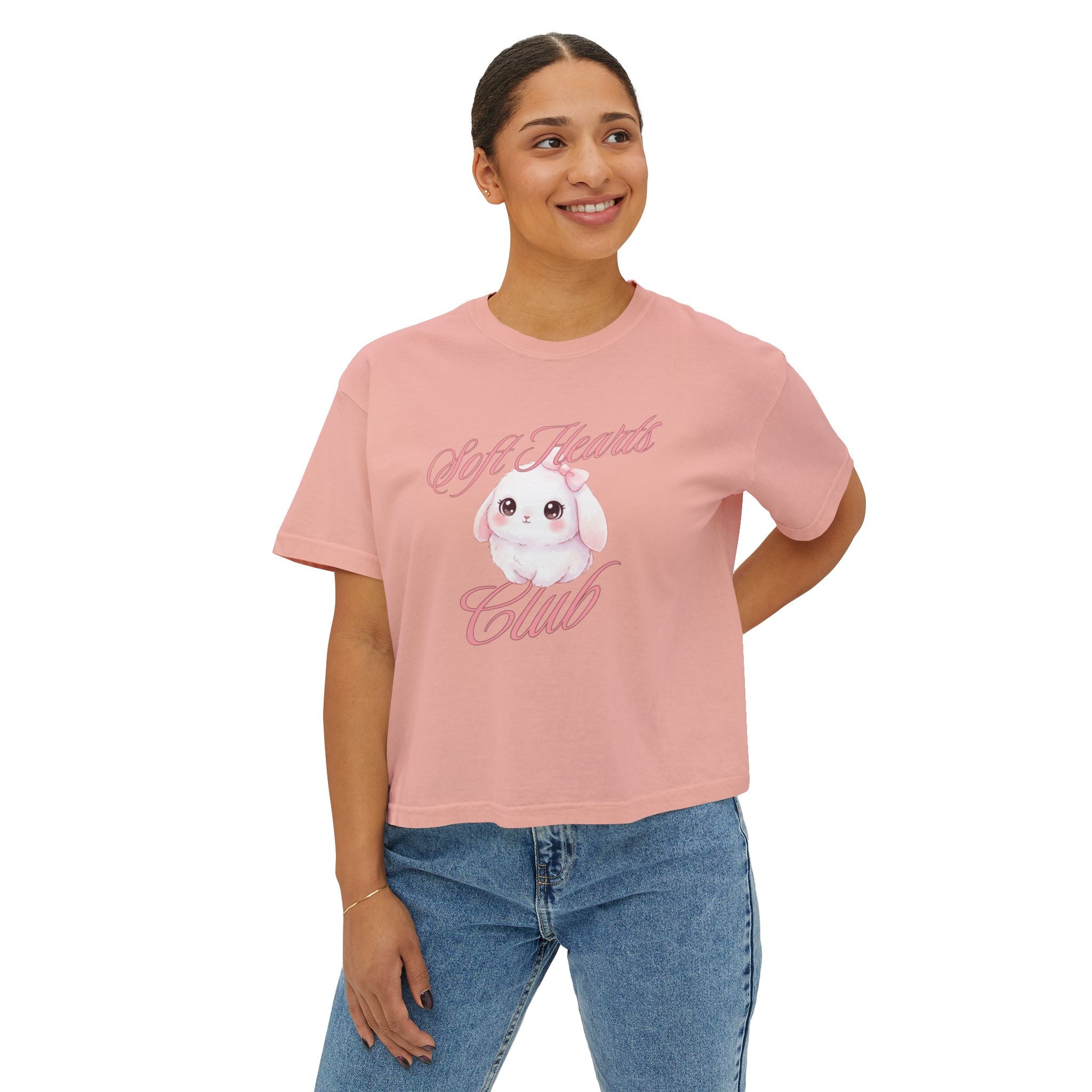 Soft Hearts Club Women's Boxy Tee — Cute Pastel Bunny Graphic