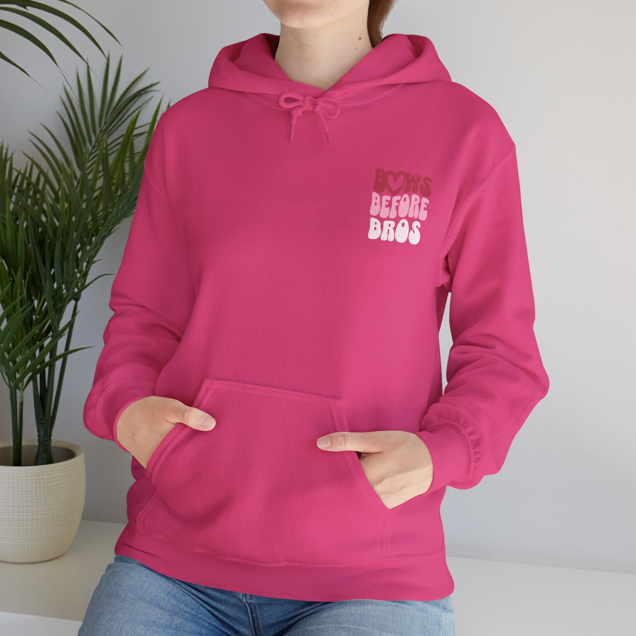 Bows Before Bros Hoodie – Pink Retro Heart Graphic Hooded Sweatshirt