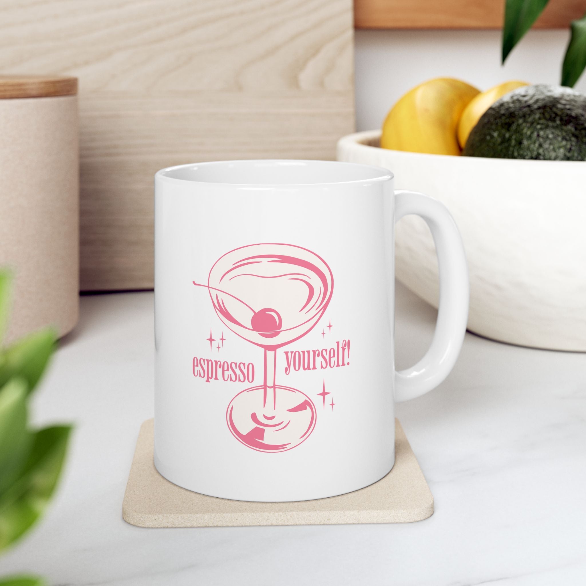 Coffee Mug — Pink Witchy Cat Illustration with 'Espresso' Theme