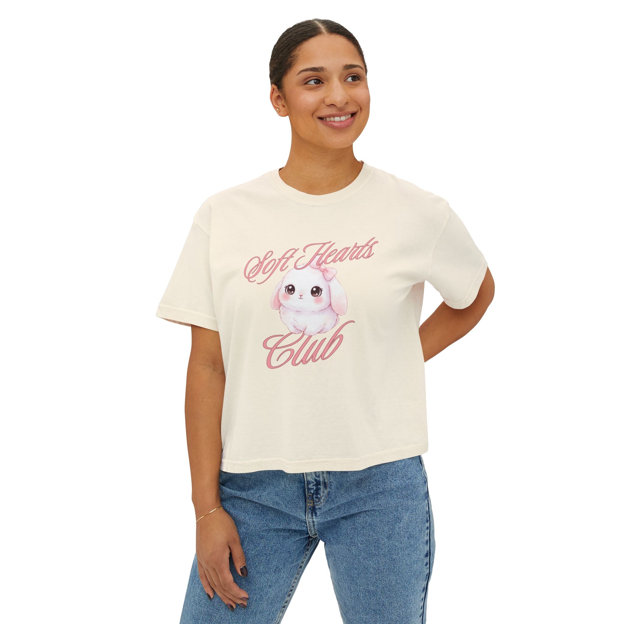 Soft Hearts Club Women's Boxy Tee — Cute Pastel Bunny Graphic