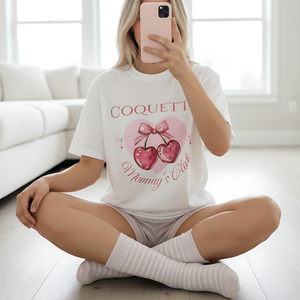 Coquette Mommy's Club T-Shirt — Cute Cherry with Bow Mom Tee
