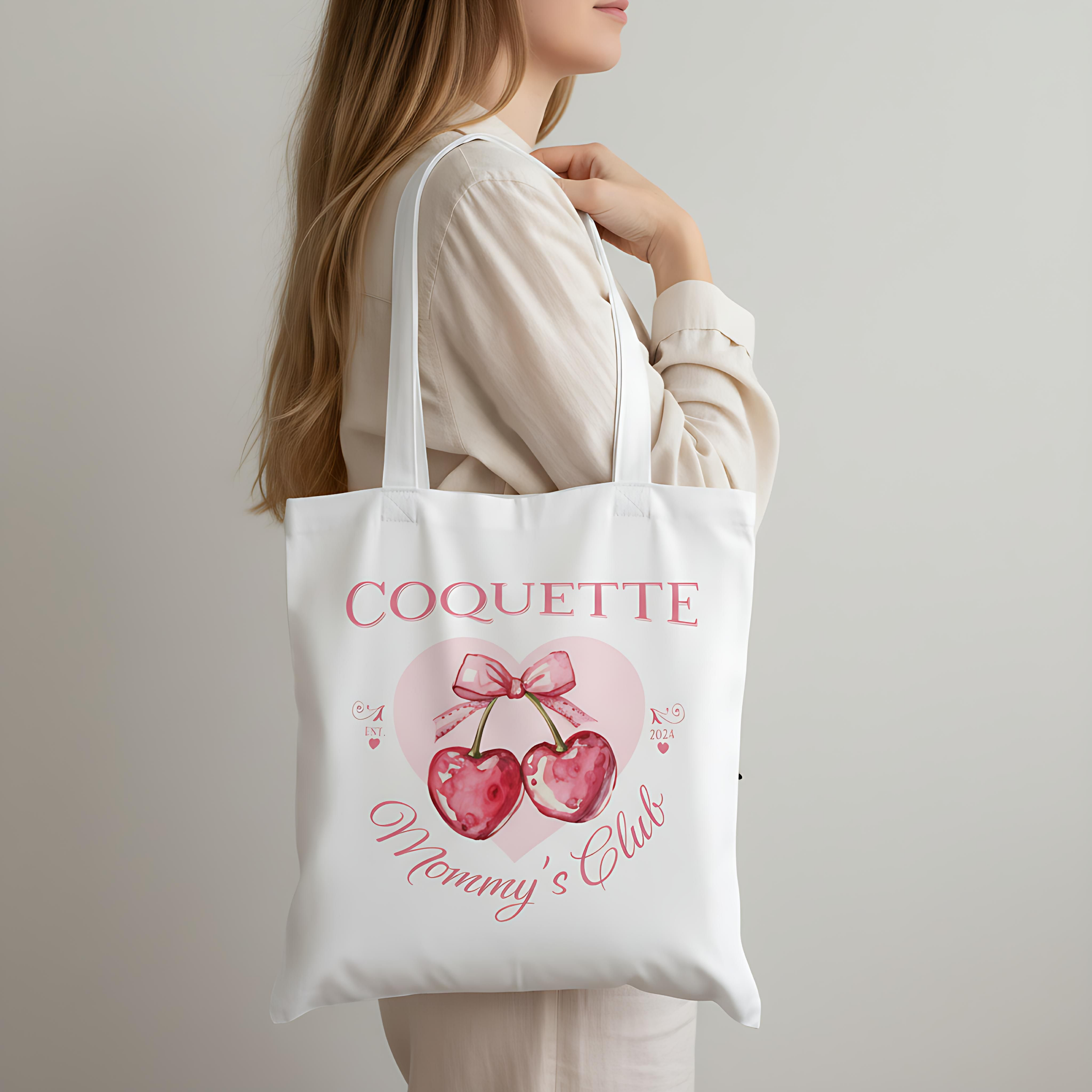 Coquette Mommy's Club Tote Bag - Pink Heart Cherries Fashionable Reusable Tote