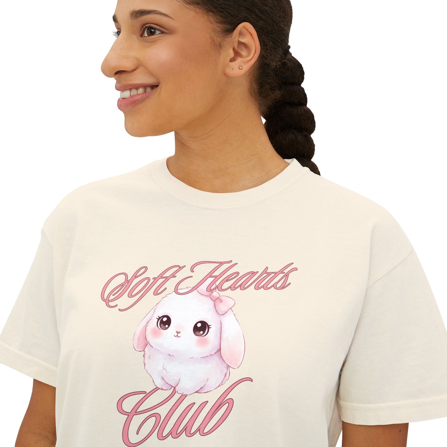 Soft Hearts Club Women's Boxy Tee — Cute Pastel Bunny Graphic