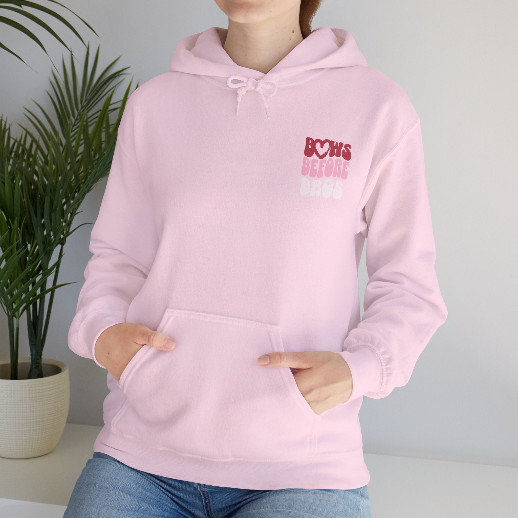Bows Before Bros Hoodie – Pink Retro Heart Graphic Hooded Sweatshirt