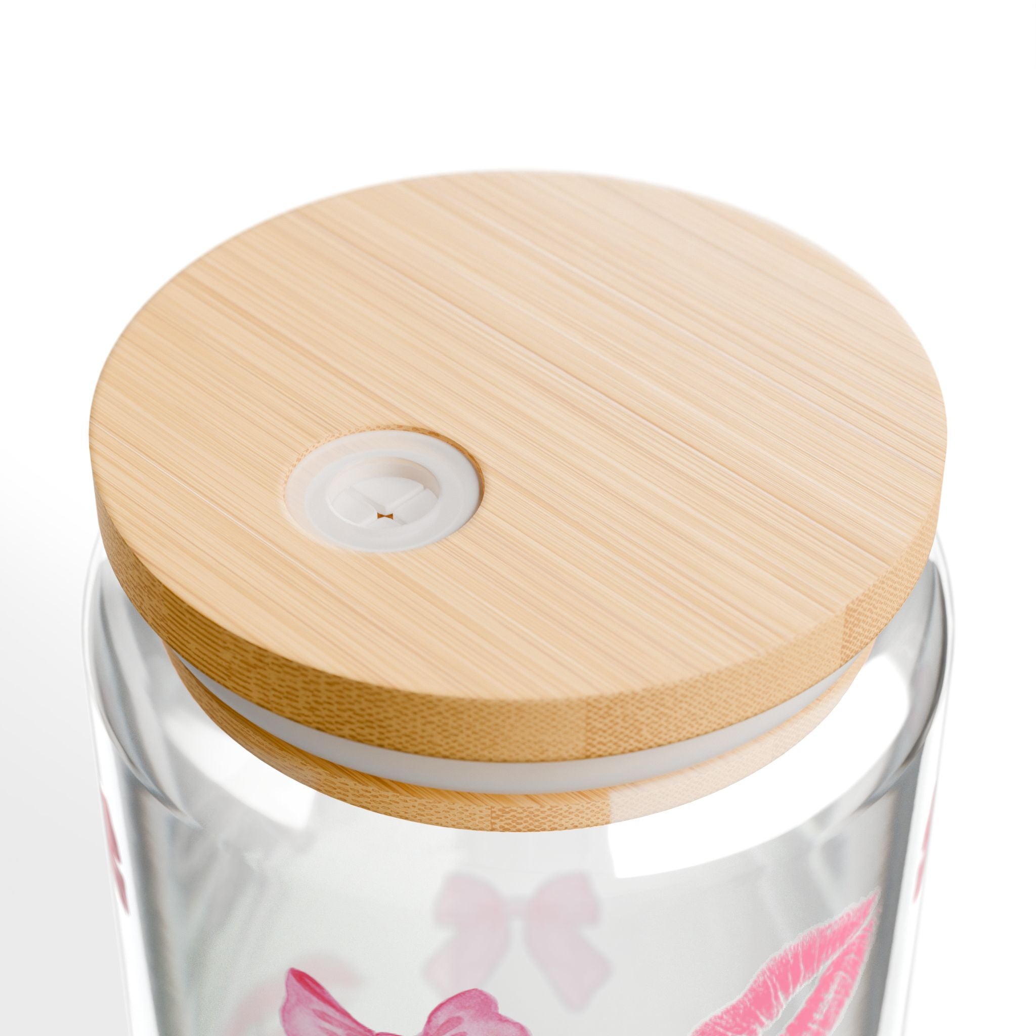 16oz Glass Sipper with Pink Bows & Kiss Prints — Cute Reusable Drink Tumbler