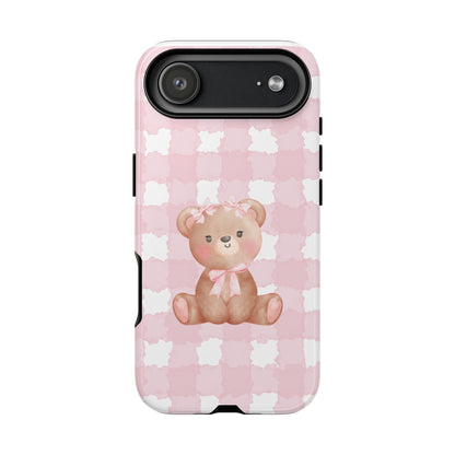 Pink Plaid Teddy Phone Case — Cute Bear iPhone Protective Cover