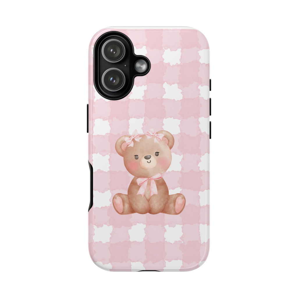 Pink Plaid Teddy Phone Case — Cute Bear iPhone Protective Cover