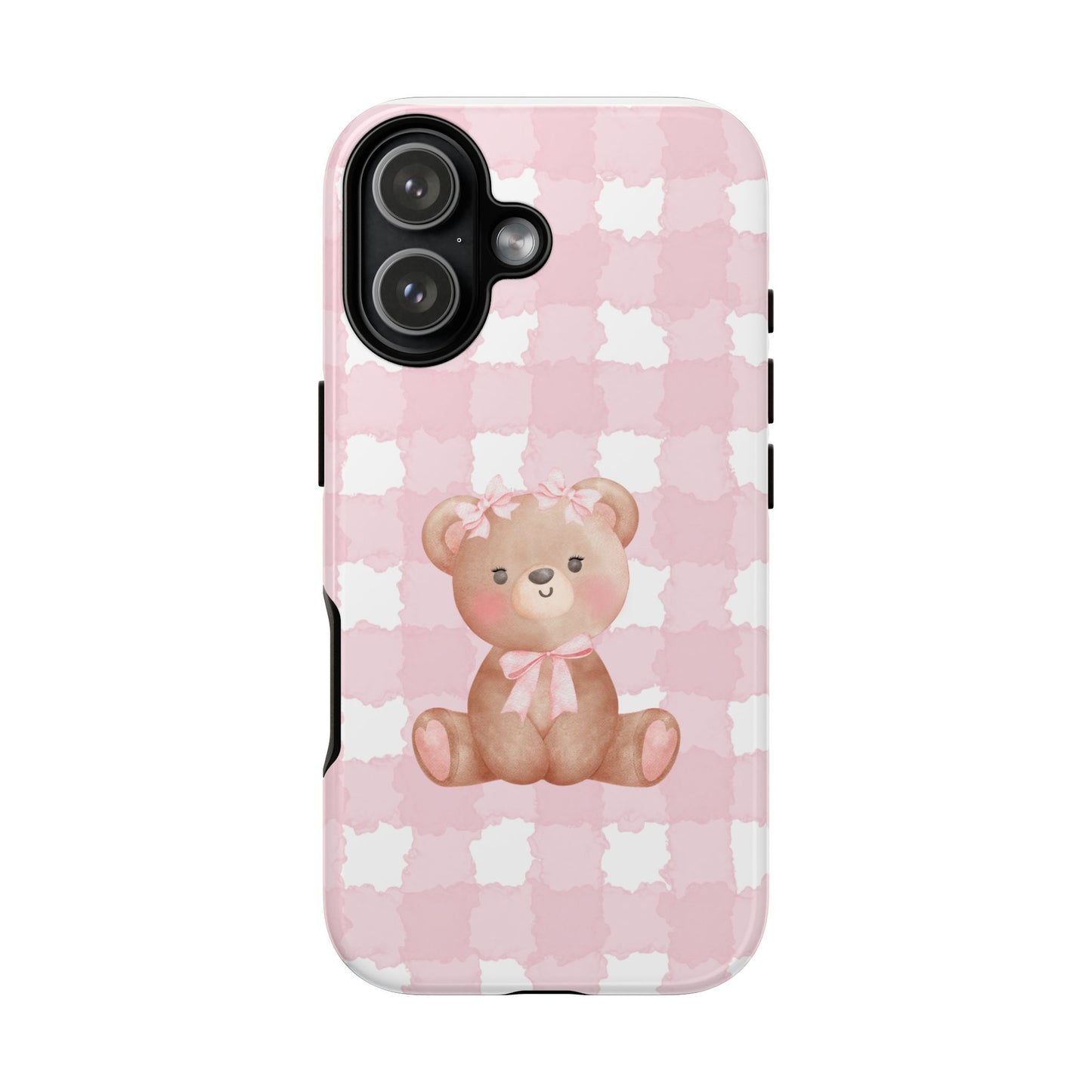 Pink Plaid Teddy Phone Case — Cute Bear iPhone Protective Cover