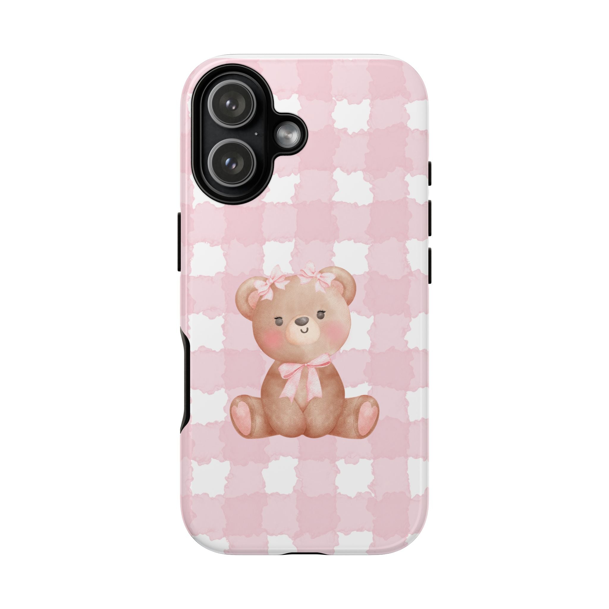 Pink Plaid Teddy Phone Case — Cute Bear iPhone Protective Cover