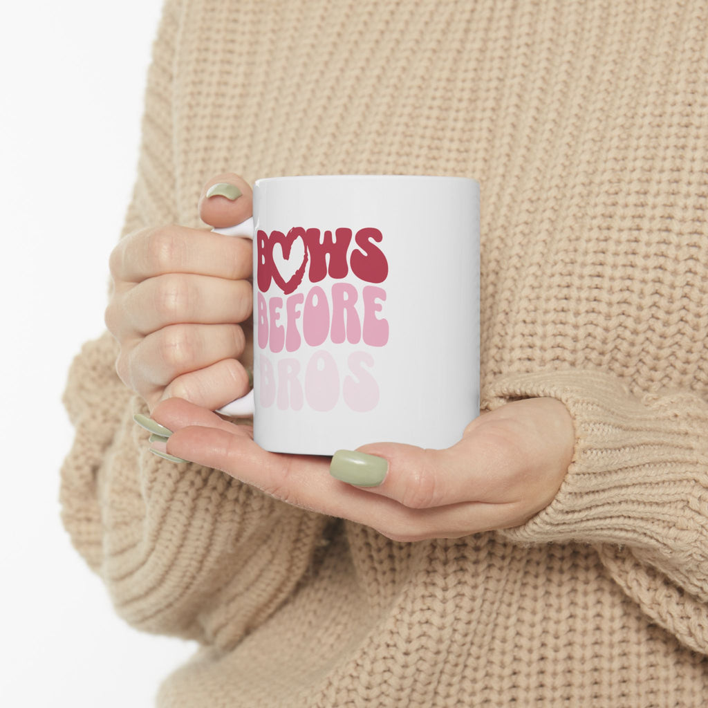 Pink Bows Before Bros Ceramic Mug — Cute Pink Retro 'Bows Before Bros' Coffee Cup (11oz, 15oz)