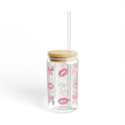 16oz Glass Sipper with Pink Bows & Kiss Prints — Cute Reusable Drink Tumbler