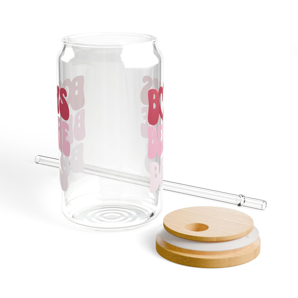 16oz Glass Sipper — "Bows Before Bros" Pink Bamboo Lid Straw Tumbler