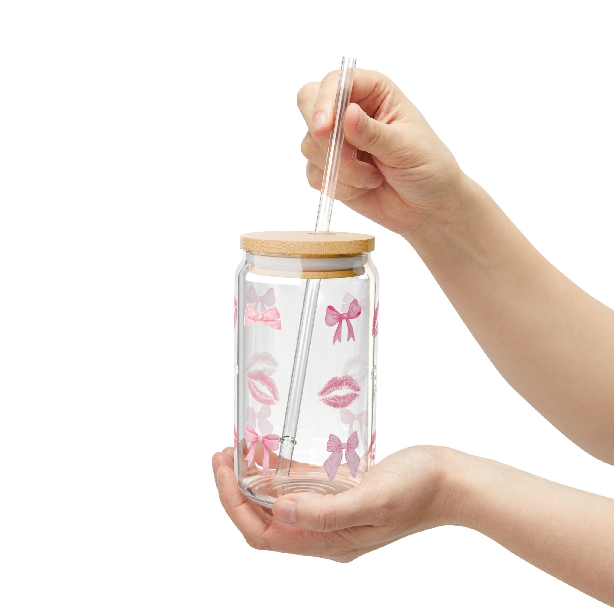 16oz Glass Sipper with Pink Bows & Kiss Prints — Cute Reusable Drink Tumbler