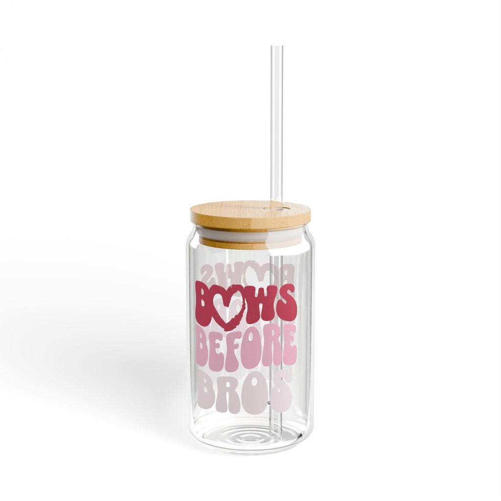 16oz Glass Sipper — "Bows Before Bros" Pink Bamboo Lid Straw Tumbler