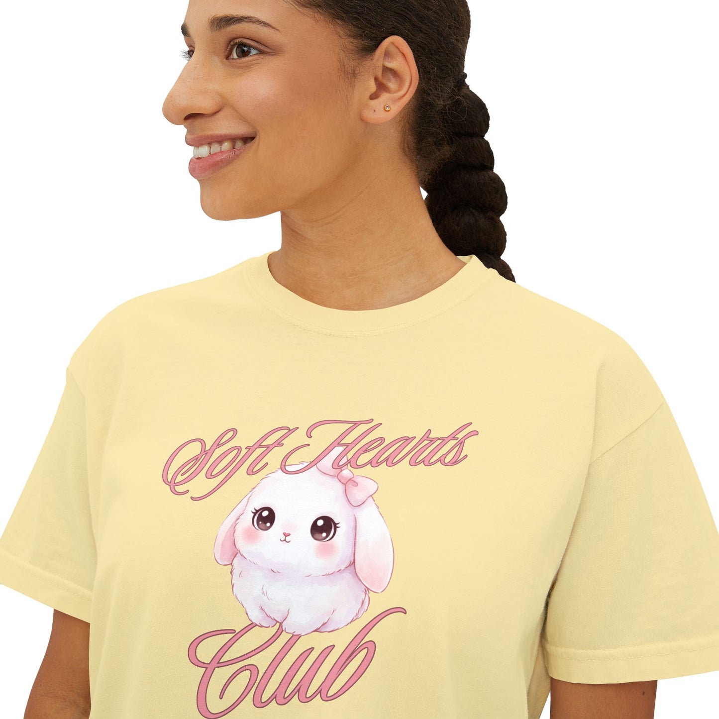 Soft Hearts Club Women's Boxy Tee — Cute Pastel Bunny Graphic