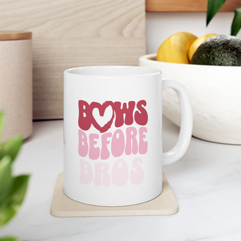 Pink Bows Before Bros Ceramic Mug — Cute Pink Retro 'Bows Before Bros' Coffee Cup (11oz, 15oz)