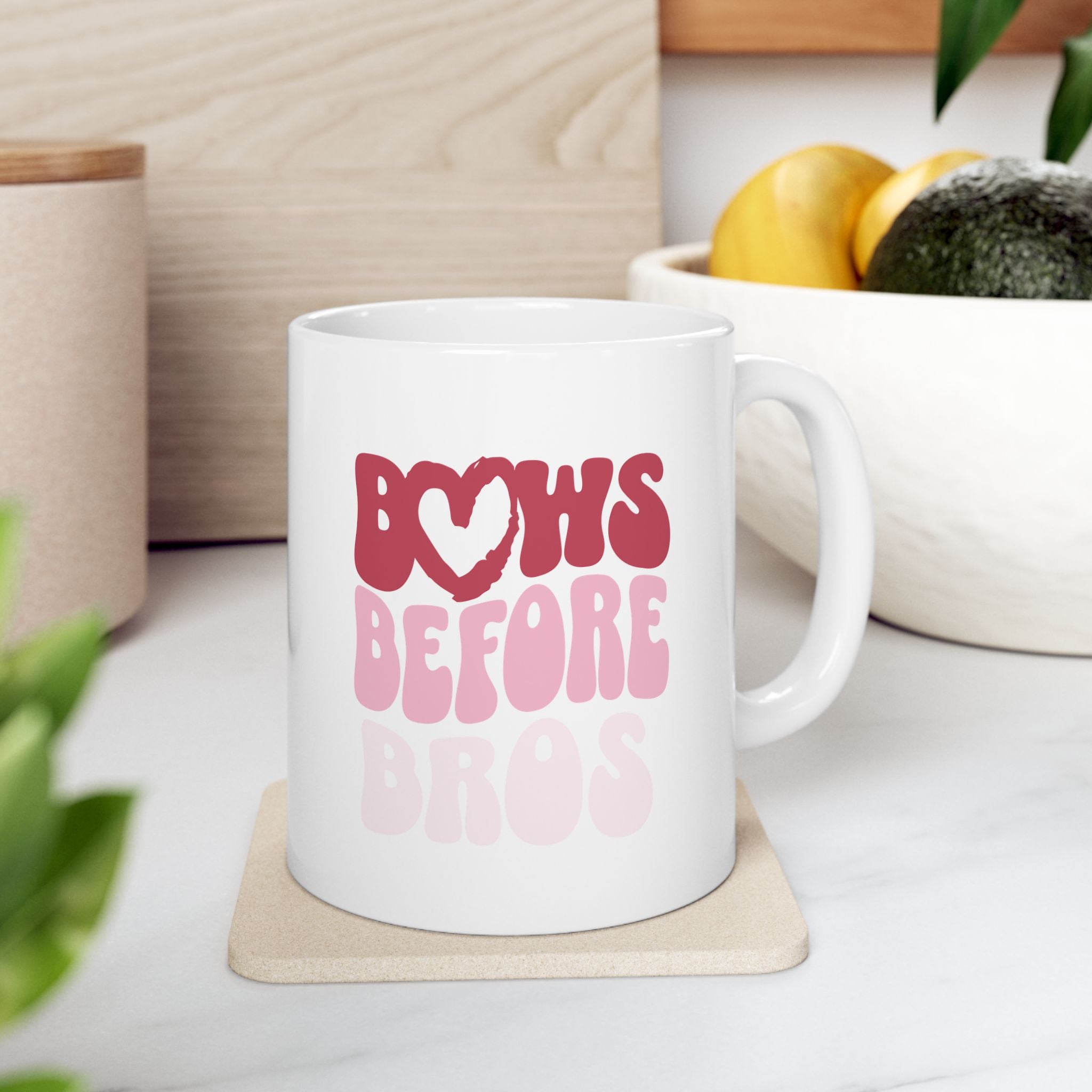 Pink Bows Before Bros Ceramic Mug — Cute Pink Retro 'Bows Before Bros' Coffee Cup (11oz, 15oz)
