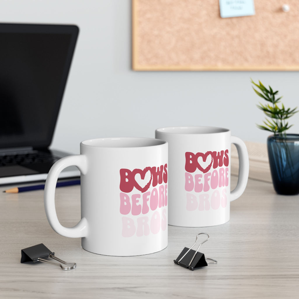 Pink Bows Before Bros Ceramic Mug — Cute Pink Retro 'Bows Before Bros' Coffee Cup (11oz, 15oz)