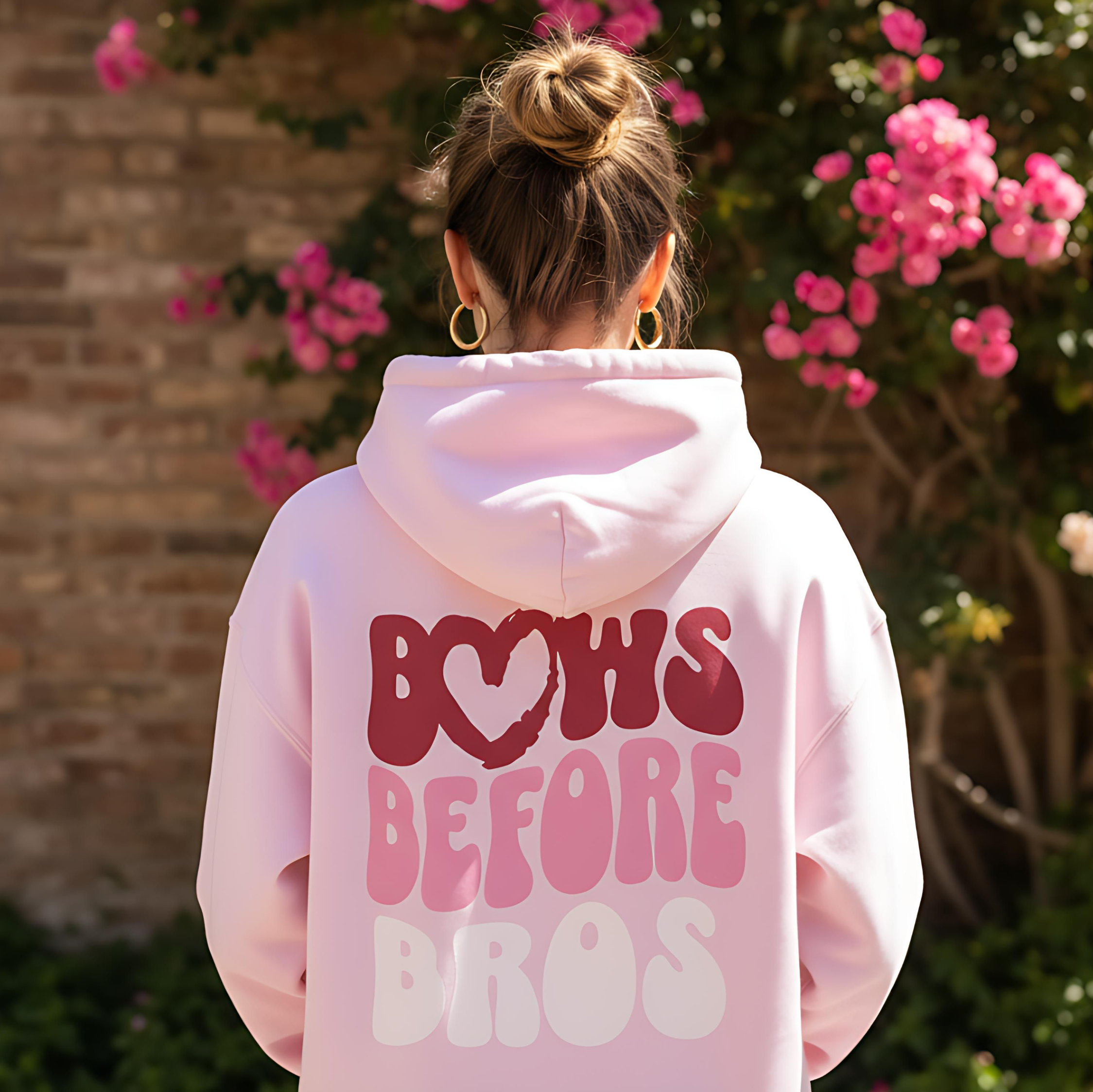 Bows Before Bros Hoodie – Pink Retro Heart Graphic Hooded Sweatshirt