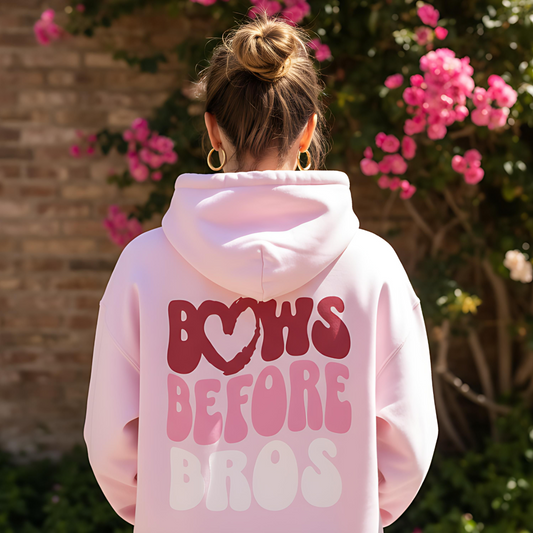 Bows Before Bros Hoodie – Pink Retro Heart Graphic Hooded Sweatshirt