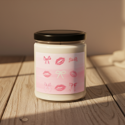 Valentine Kiss Soy Candle — 9oz Scented Jar with Pink Lip & Bow Design