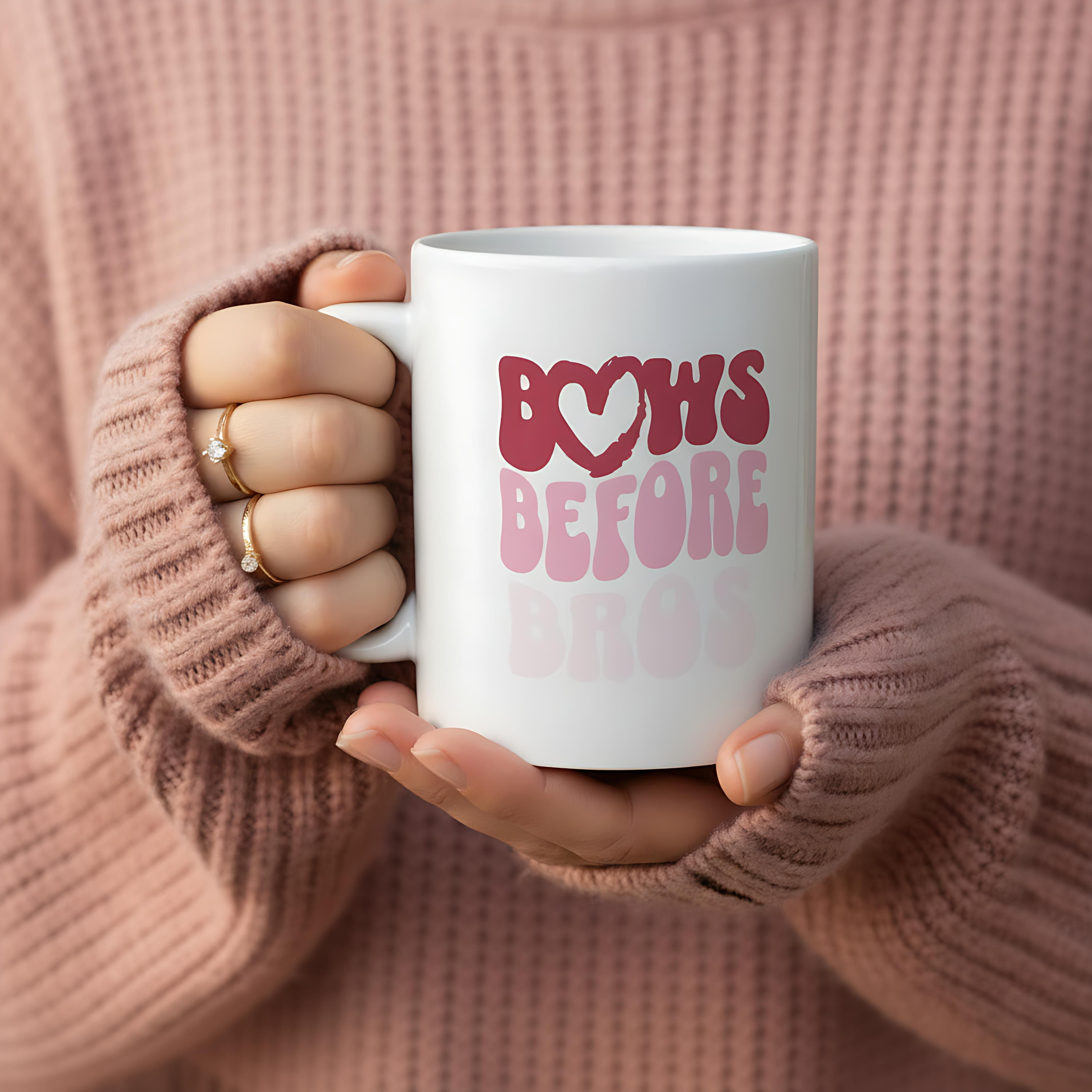 Pink Bows Before Bros Ceramic Mug — Cute Pink Retro 'Bows Before Bros' Coffee Cup (11oz, 15oz)