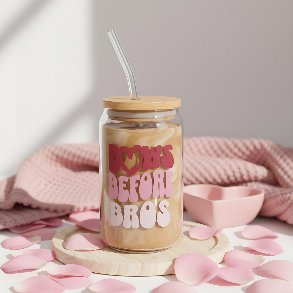16oz Glass Sipper — "Bows Before Bros" Pink Bamboo Lid Straw Tumbler