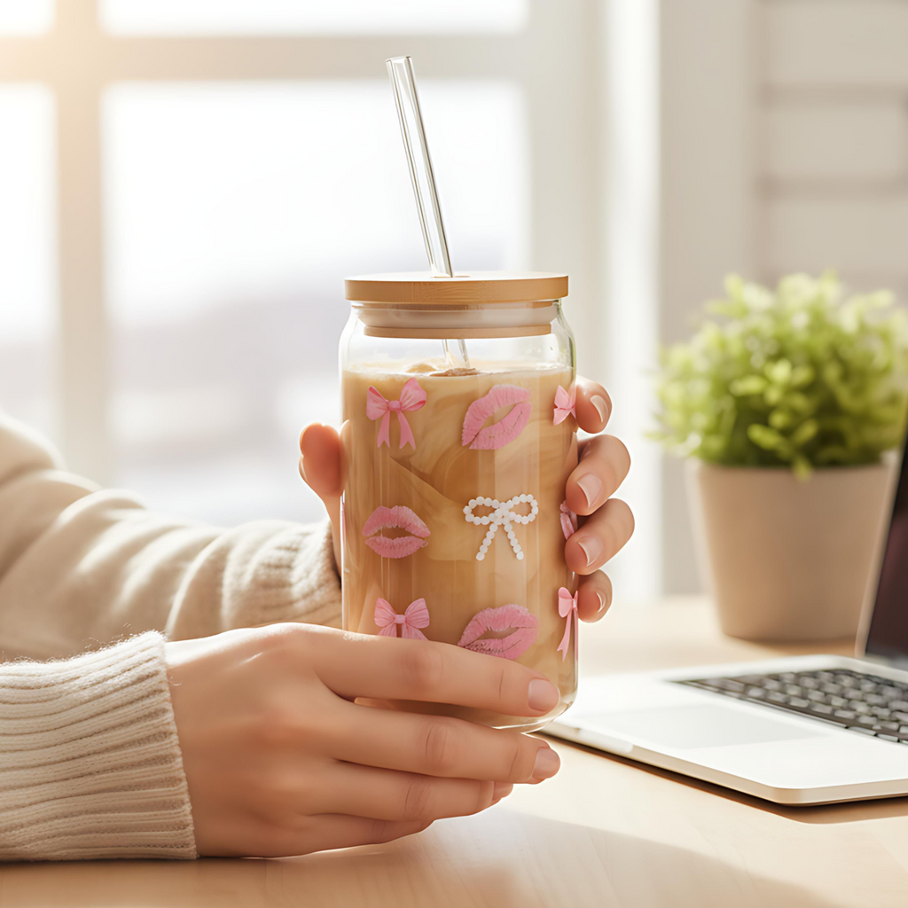 16oz Glass Sipper with Pink Bows & Kiss Prints — Cute Reusable Drink Tumbler