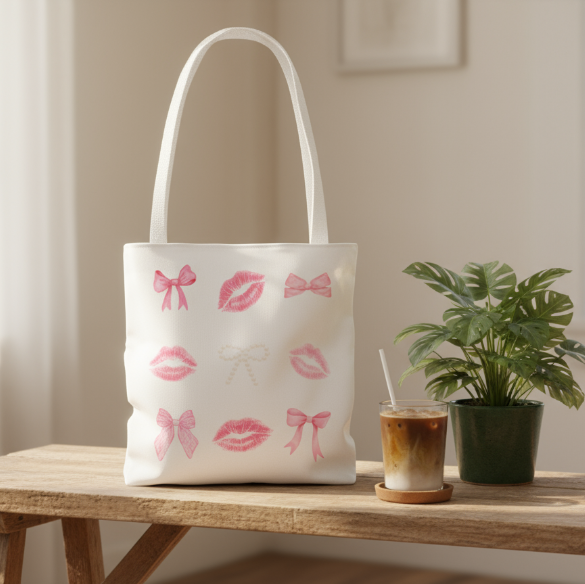 Kiss & Bow Print Tote Bag