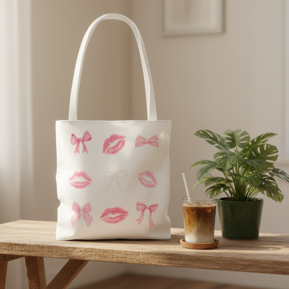 Kiss & Bow Print Tote Bag