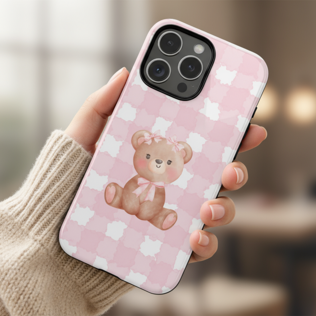Pink Plaid Teddy Phone Case — Cute Bear iPhone Protective Cover