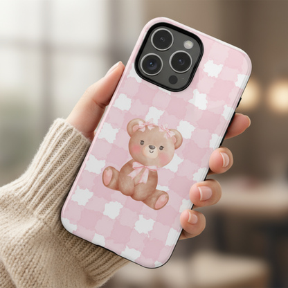 Pink Plaid Teddy Phone Case — Cute Bear iPhone Protective Cover